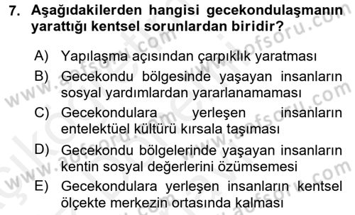 Şehircilik Dersi 2017 - 2018 Yılı (Final) Dönem Sonu Sınav Soruları 7. Soru