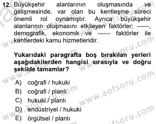 Şehircilik Dersi 2018 - 2019 Yılı 3 Ders Sınav Soruları 12. Soru