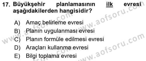 Şehircilik Dersi 2018 - 2019 Yılı 3 Ders Sınav Soruları 17. Soru