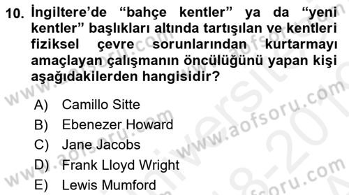 Şehircilik Dersi 2018 - 2019 Yılı (Vize) Ara Sınav Soruları 10. Soru