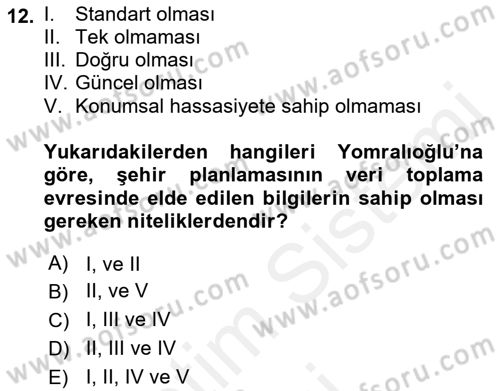 Şehircilik Dersi 2018 - 2019 Yılı (Vize) Ara Sınav Soruları 12. Soru