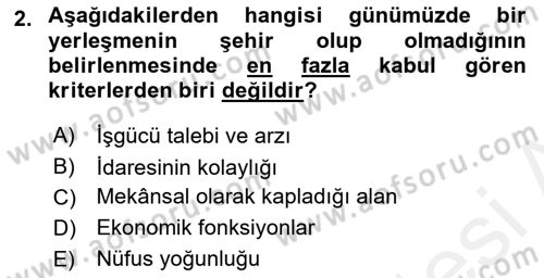 Şehircilik Dersi 2018 - 2019 Yılı (Vize) Ara Sınav Soruları 2. Soru