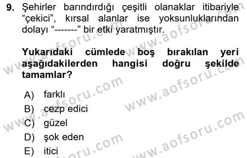 Şehircilik Dersi 2018 - 2019 Yılı (Vize) Ara Sınav Soruları 9. Soru
