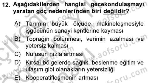 Şehircilik Dersi 2018 - 2019 Yılı Yaz Okulu Sınav Soruları 12. Soru