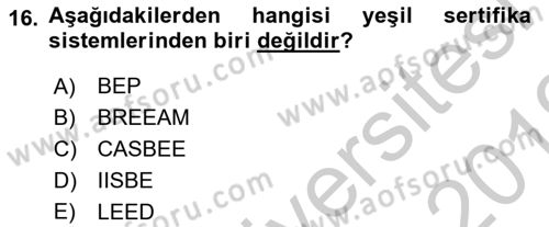 Şehircilik Dersi 2018 - 2019 Yılı Yaz Okulu Sınav Soruları 16. Soru