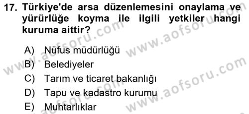 Şehircilik Dersi 2018 - 2019 Yılı Yaz Okulu Sınav Soruları 17. Soru