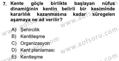 Şehircilik Dersi 2018 - 2019 Yılı Yaz Okulu Sınav Soruları 7. Soru