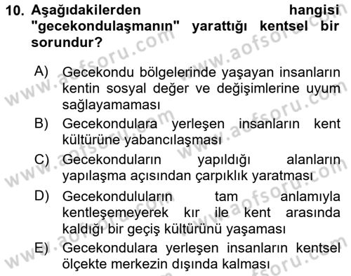 Şehircilik Dersi 2019 - 2020 Yılı (Final) Dönem Sonu Sınav Soruları 10. Soru