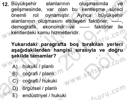 Şehircilik Dersi 2019 - 2020 Yılı (Final) Dönem Sonu Sınav Soruları 12. Soru