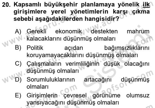 Şehircilik Dersi 2019 - 2020 Yılı (Final) Dönem Sonu Sınav Soruları 20. Soru